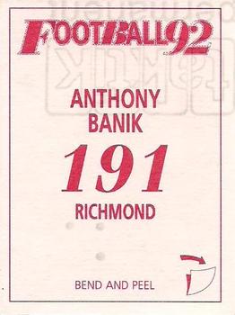 1992 Select AFL Stickers #191 Anthony Banik Back